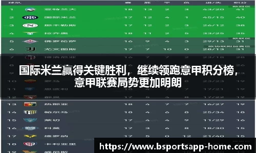 国际米兰赢得关键胜利，继续领跑意甲积分榜，意甲联赛局势更加明朗